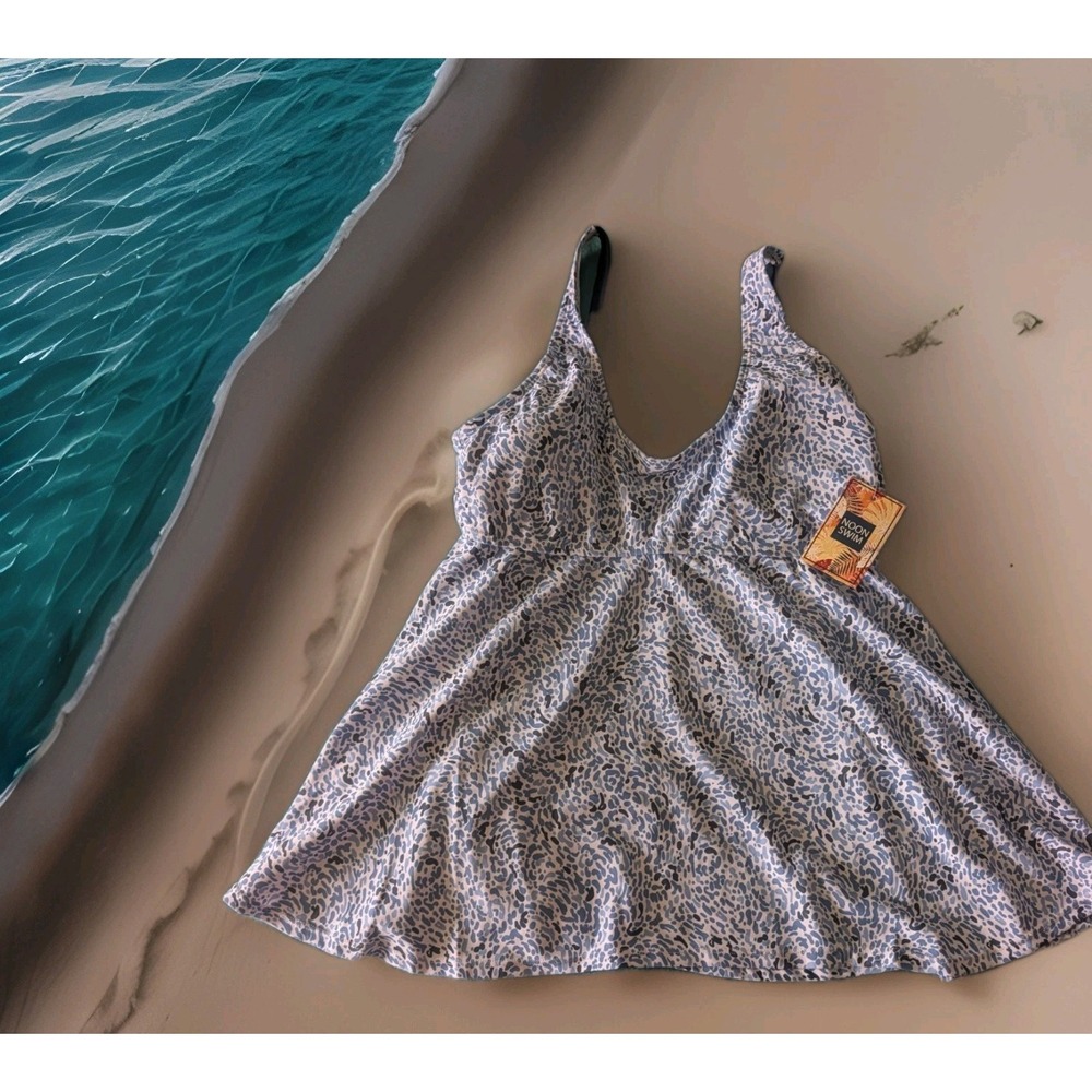 Noon Swim Womens Blue White Leopard Print Tankini Top NSPT013-JAN Size 12